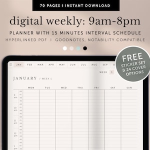 Digital Weekly Planner, 9am - 8pm, Weekly Schedule with 15 Minutes Interval, Goodnotes Planner, Notability Planner, Hyperlinked PDF