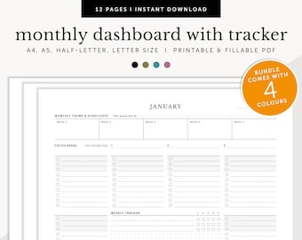 Monthly Highlights, Monthly Overview, Weekly Tracker, Monthly Project Planner, Monthly Dashboard, Fillable & Printable, A4/A5/Letter/Half