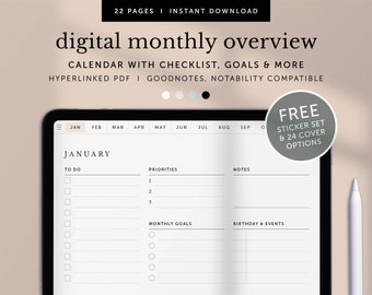 Digital Monthly Overview, Monthly Planner, Monthly Goals & To do Checklist, Goodnotes Planner, Notability Planner, Ipad, Hyperlinked PDF