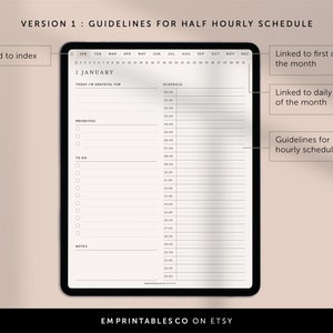 May include: A digital planner template for a half-hourly schedule. The template includes sections for priorities, to-do list, notes, and a daily schedule. The template is linked to an index, the first day of the month, and a daily planner.