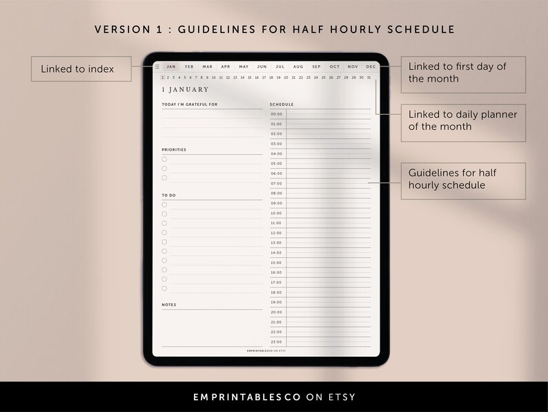 May include: A digital planner template for a half-hourly schedule. The template includes sections for priorities, to-do list, notes, and a daily schedule. The template is linked to an index, the first day of the month, and a daily planner.