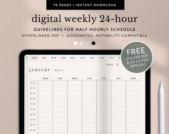 24 hour Weekly Digital Planner, Weekly Digital Schedule with 30 Minutes Interval, Goodnotes Planner, Notability Planner, Hyperlinked PDF