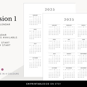 Pode incluir: Calend&aacute;rio imprim&iacute;vel 2025 com op&ccedil;&otilde;es de in&iacute;cio no domingo ou na segunda-feira. O calend&aacute;rio est&aacute; dispon&iacute;vel em quatro cores. O texto "EMPRINTABLES CO ON ETSY" est&aacute; na parte inferior da imagem.