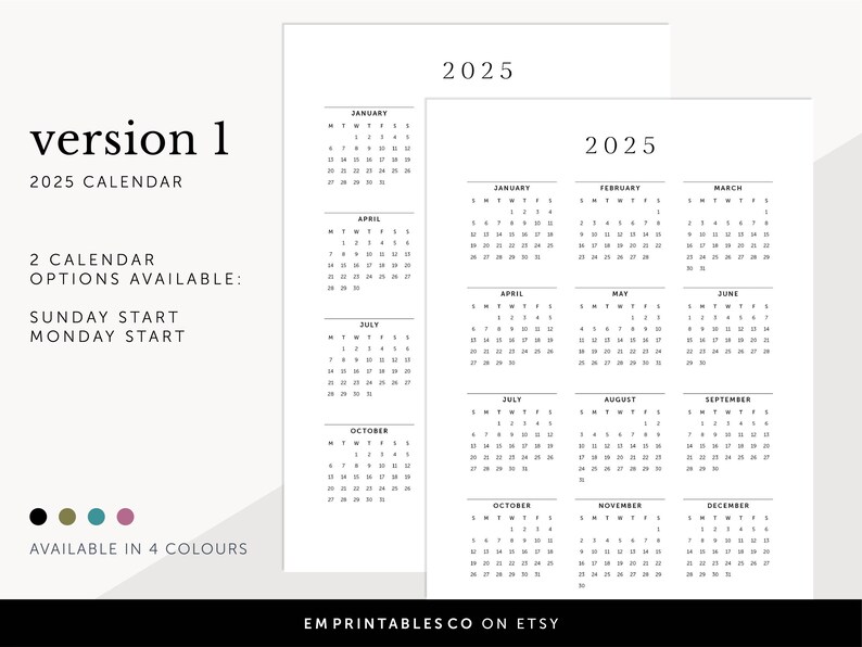 Pode incluir: Calend&aacute;rio imprim&iacute;vel 2025 com op&ccedil;&otilde;es de in&iacute;cio no domingo ou na segunda-feira. O calend&aacute;rio est&aacute; dispon&iacute;vel em quatro cores. O texto "EMPRINTABLES CO ON ETSY" est&aacute; na parte inferior da imagem.