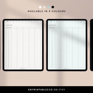 May include: Four digital planner templates for the month of January. The templates are in white, light blue, dark blue, and black.
