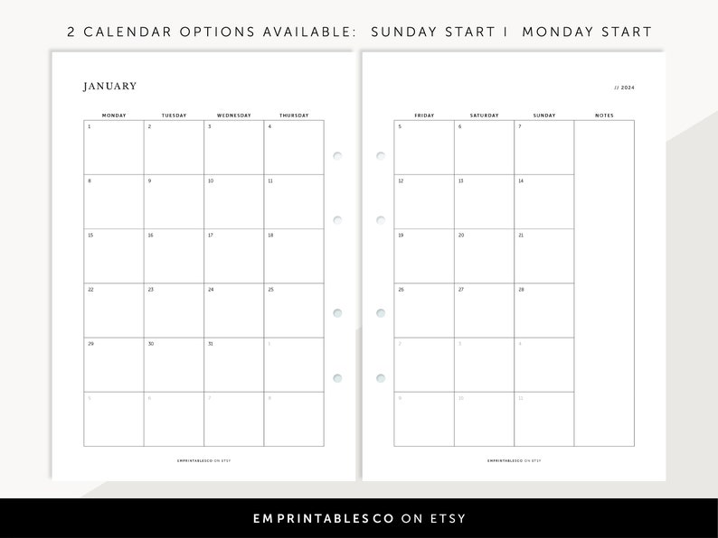 2024 Monthly Planner on Two Pages, 2024 Monthly Calendar, Fillable