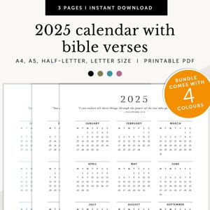 Calendario 2025 con versículos bíblicos, calendario cristiano 2025, calendario de fe 2025, insertos de planificador imprimibles 2025, tamaño A4/A5/carta/medio
