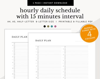 Hourly Daily Schedule with 15 Minutes Interval, Daily To Do List, Daily Meetings Tracker, Fillable & Printable, A4/A5/Letter/Half Size