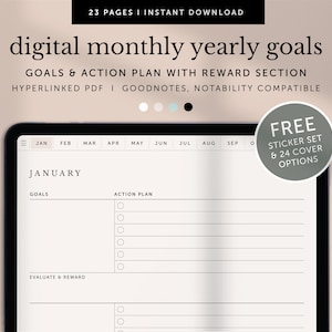 Digital Monthly Goals, Yearly Goals, Action Plan, Monthly Goal Tracker, Goodnotes Planner, Notability Planner, Ipad Planner, Hyperlinked PDF