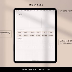 Puede incluir: Una p&aacute;gina de &iacute;ndice de planificador digital con secciones para prioridades, listas de tareas mensuales y p&aacute;ginas de notas. La lista de tareas mensuales incluye botones para cada mes del a&ntilde;o. La secci&oacute;n de p&aacute;ginas de notas incluye cinco dise&ntilde;os de p&aacute;ginas de notas diferentes: rayado, cuadr&iacute;cula, puntos, Cornell y lista de tareas.
