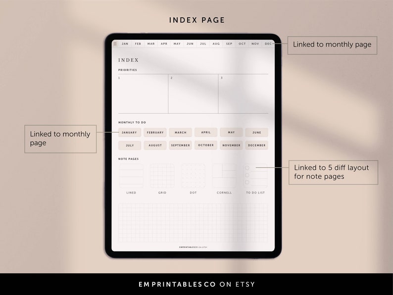 Puede incluir: Una p&aacute;gina de &iacute;ndice de planificador digital con secciones para prioridades, listas de tareas mensuales y p&aacute;ginas de notas. La lista de tareas mensuales incluye botones para cada mes del a&ntilde;o. La secci&oacute;n de p&aacute;ginas de notas incluye cinco dise&ntilde;os de p&aacute;ginas de notas diferentes: rayado, cuadr&iacute;cula, puntos, Cornell y lista de tareas.