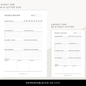 Op de afbeelding: Printbare wekelijkse reviewplanner in zwart-wit met secties voor top-highlights, uitdagingen en lessen, taken in uitvoering, dingen om te stoppen, te beginnen en te blijven doen. De planner is beschikbaar in A4 en letterformaat.