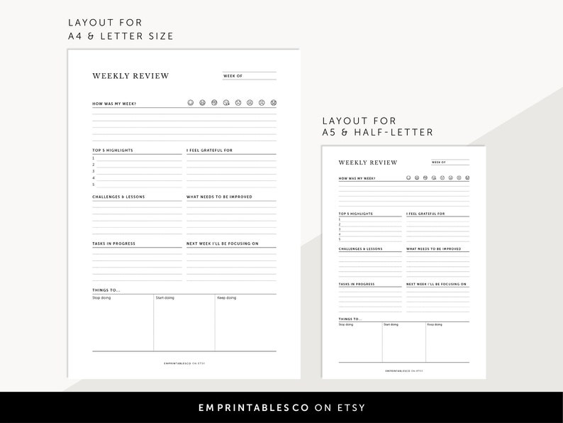 Op de afbeelding: Printbare wekelijkse reviewplanner in zwart-wit met secties voor top-highlights, uitdagingen en lessen, taken in uitvoering, dingen om te stoppen, te beginnen en te blijven doen. De planner is beschikbaar in A4 en letterformaat.