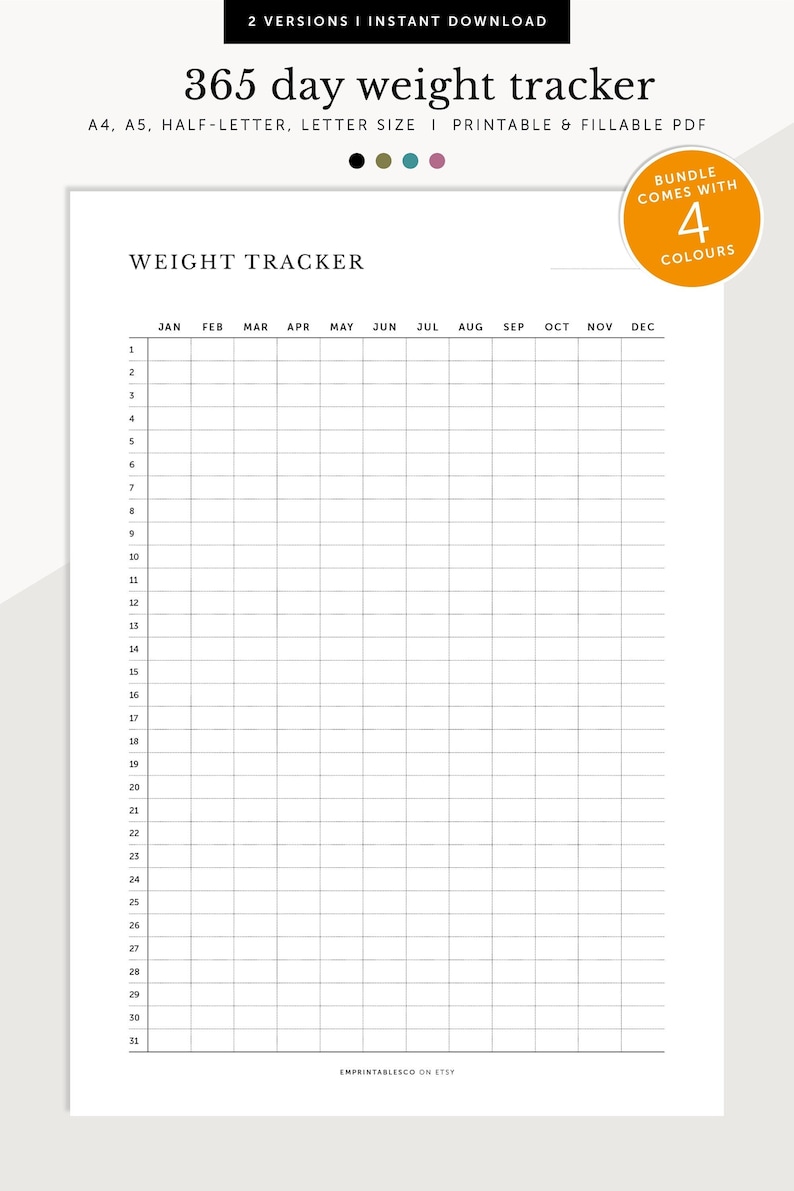May include: A printable weight tracker with a grid for each day of the year. The tracker is labeled with the months of the year, January through December. The tracker is designed to be used for tracking weight loss or weight gain.