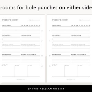 Op de afbeelding: Een printbare wekelijkse reviewplanner met secties voor top-highlights, dingen om dankbaar voor te zijn, uitdagingen en lessen, wat verbeterd moet worden, taken in uitvoering en de focus voor de volgende week. De planner heeft ruimte voor notities en een moodtracker.