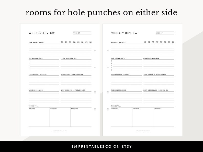 Op de afbeelding: Een printbare wekelijkse reviewplanner met secties voor top-highlights, dingen om dankbaar voor te zijn, uitdagingen en lessen, wat verbeterd moet worden, taken in uitvoering en de focus voor de volgende week. De planner heeft ruimte voor notities en een moodtracker.