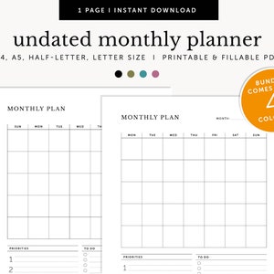 Undated Monthly Planner, Monthly Schedule, Weekly To Do List, Printable Planner, Fillable Template, Planner Inserts, A4/A5/Letter/Half Size
