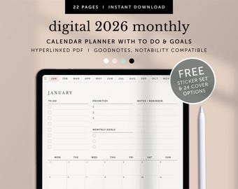 2026 Digital Monthly Planner, 2026 Month In A Glance, 2026 Monthly Goals & To do Checklist, Goodnotes Planner, Notability, Hyperlinked PDF