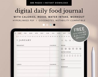 May include: A digital daily food journal on a tablet screen. The journal includes sections for tracking calories, mood, water intake, sleep, and workout. The journal is compatible with Goodnotes and Notability apps. The image also shows a free sticker set and 24 cover options.