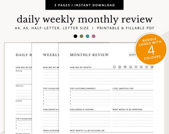 Daily Weekly Monthly Review, Weekly Review, Daily Reflections, Monthly Goals, Monthly Recap, Printable & Fillable, A4/A5/Letter/Half Size