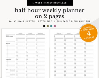 Half Hour Weekly Schedule on 2 pages, Weekly Planner, Weekly Meeting Schedule, Fillable & Printable, Planner Inserts, A4/A5/Letter/Half Size