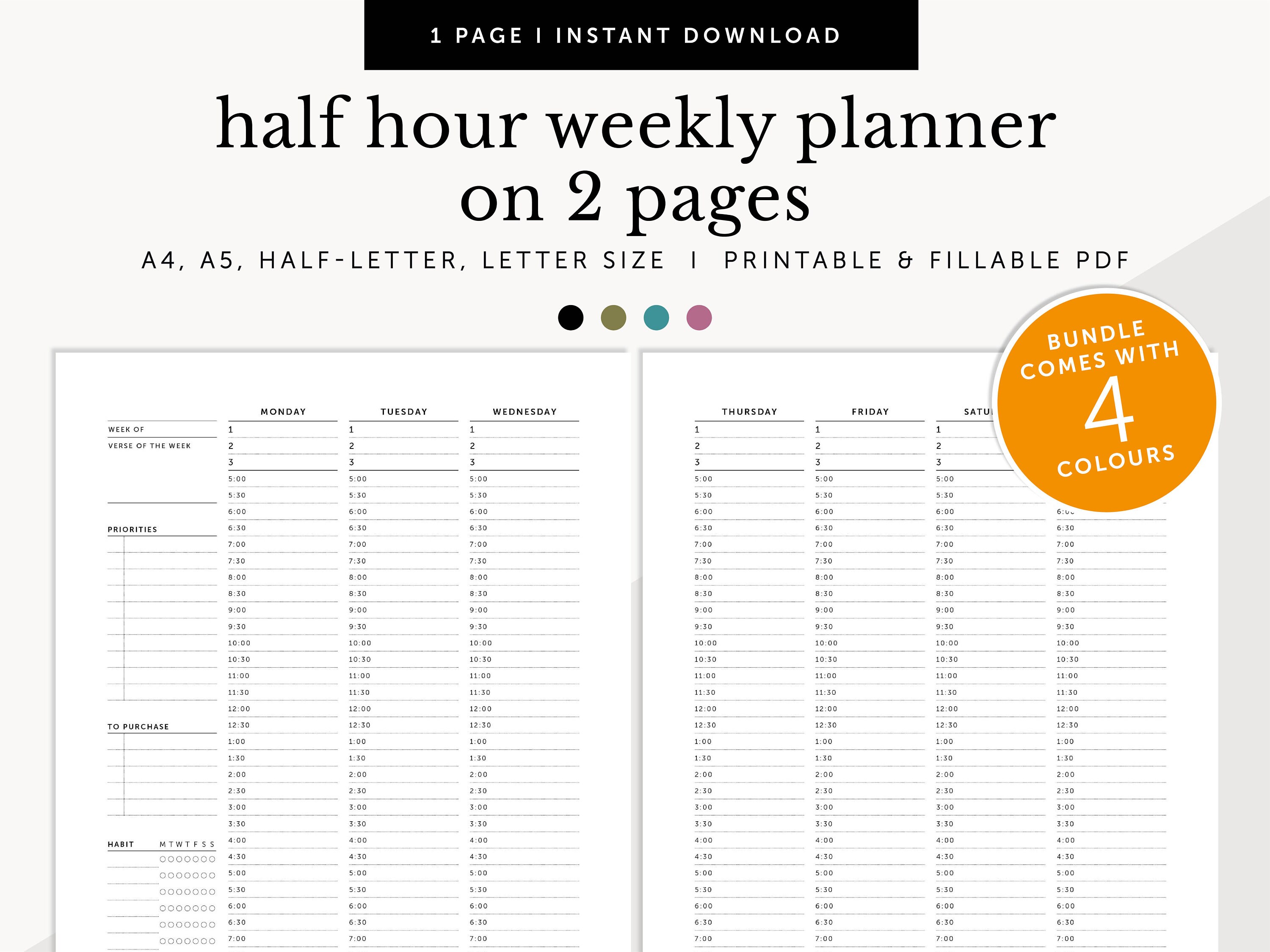 Half Hour Weekly Schedule on 2 Pages, Weekly Planner, Weekly Meeting ...