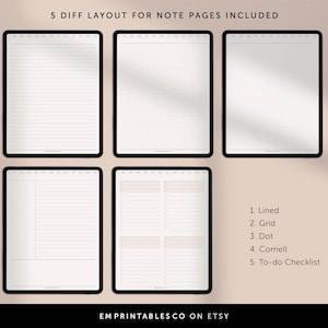 Puede incluir: Cinco dise&ntilde;os de p&aacute;gina de notas diferentes para planificadores digitales. Los dise&ntilde;os incluyen l&iacute;neas, cuadr&iacute;cula, puntos, Cornell y lista de tareas pendientes.