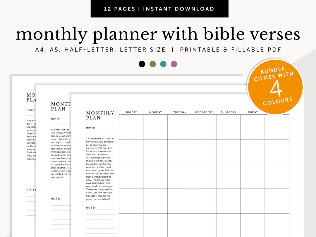Monthly Calendar With Bible Verses, Monthly Planner, Devotional Journal ...