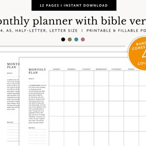 Calendario mensual con versículos de la Biblia, planificador mensual, diario devocional, inserciones de planificador rellenables e imprimibles, A4 / A5 / carta / tamaño medio