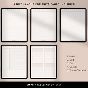 May include: Five different digital note page layouts for a tablet or iPad. The layouts include lined, grid, dot, Cornell, and to-do checklist.
