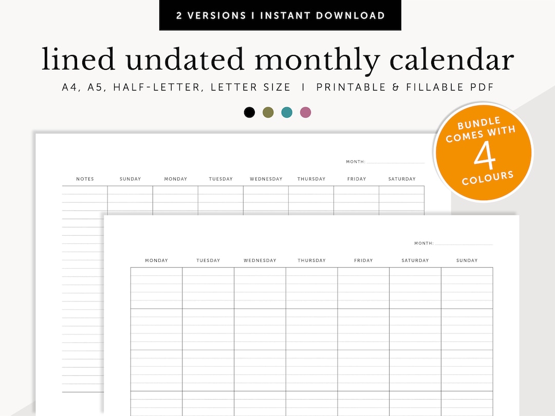 Lined Undated Monthly Calendar, Work & School Calendar, Fillable ...