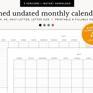 Puede incluir: Dos versiones de un calendario mensual sin fecha, imprimible y rellenable en tamaños A4, A5, media carta y carta. El calendario tiene una sección de notas y espacios para cada día de la semana. El texto "MONTH" está en la parte superior del calendario.