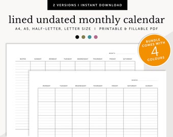 Lined Undated Monthly Calendar, Work & School Calendar, Fillable, Printable Landscape Planner, Planner Inserts, A4/A5/Letter/Half Size