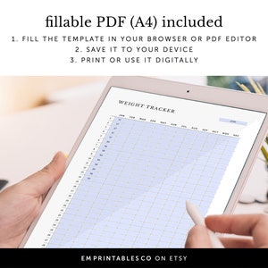 May include: A digital weight tracker on a tablet screen. The tracker is a grid with columns for each month of the year and rows for each day of the month. The tracker is labeled "WEIGHT TRACKER".