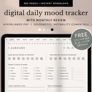 May include: A digital daily mood tracker with a calendar, mood rating scales, and a section for gratitude and highlights. The tracker is compatible with Goodnotes and Notability apps. It includes a free sticker set and 24 cover options.