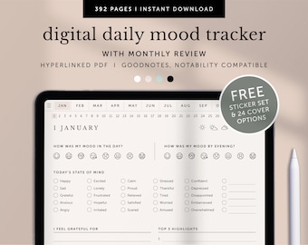 Digital Daily Mood Tracker with Monthly Review, Daily Journal & Monthly Reflection, Goodnotes Planner, Notability Planner, Hyperlinked PDF