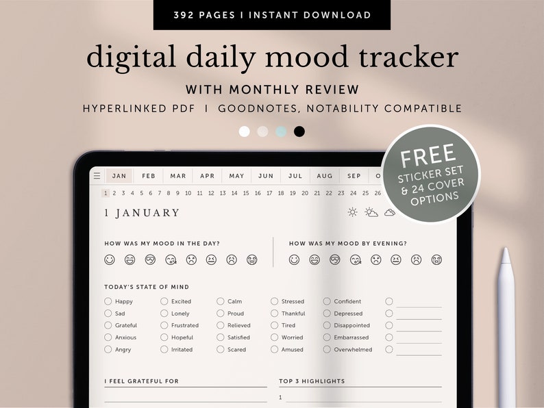 May include: A digital daily mood tracker with a calendar, mood rating scales, and a section for gratitude and highlights. The tracker is compatible with Goodnotes and Notability apps. It includes a free sticker set and 24 cover options.
