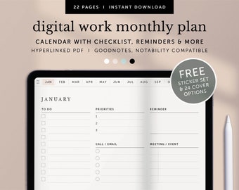 Digital Work Monthly Planner, Productivity Monthly Overview, Monthly Tasks & To do Checklist, Goodnotes Planner, Notability, Hyperlinked PDF