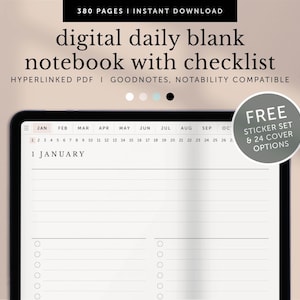 Puede incluir: Cuaderno digital diario en blanco con lista de verificación que se muestra en una tableta. La pantalla muestra una página de calendario de enero con círculos de lista de verificación. La imagen incluye el texto "380 PAGES I INSTANT DOWNLOAD" y "FREE STICKER SET & 24 COVER OPTIONS". Un lápiz óptico es visible.