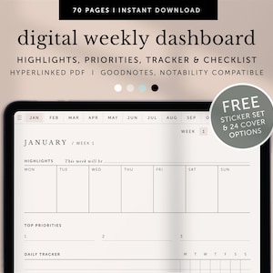 Painel semanal digital, visão geral do projeto semanal digital, planejador semanal Goodnotes, planejador de notabilidade, planejador de iPad, PDF com hiperlink