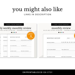 Op de afbeelding: Printbare dagelijkse, wekelijkse en maandelijkse review planner pagina's in zwart en wit. De pagina's zijn ontworpen voor zelfreflectie en doelstelling. De bundel wordt geleverd met vier kleur opties. De tekst op de pagina luidt "daily weekly monthly review" en "monthly review".
