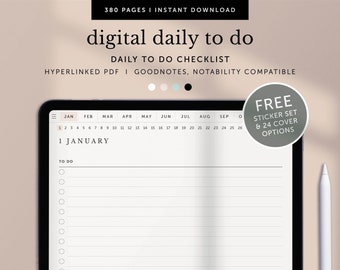 May include: A digital daily to-do checklist on a tablet screen. The checklist is a hyperlinked PDF compatible with Goodnotes and Notability. The screen shows a calendar with the month of January highlighted. The text "1 JANUARY" is displayed on the screen. The text "TO DO" is displayed on the screen. A free sticker set and 24 cover options are included.