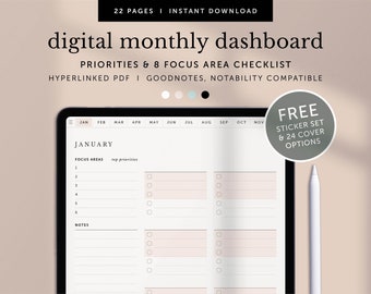 Digital Monthly Dashboard, Digital Monthly To Do, Monthly Checklist with Focus Area, Goodnotes Planner, Notability, Ipad, Hyperlinked PDF
