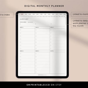 Puede incluir: Un planificador mensual digital con una vista general del calendario y listas de tareas semanales. El planificador est&aacute; dise&ntilde;ado para enero e incluye secciones para &aacute;reas de enfoque, notas y tareas semanales.