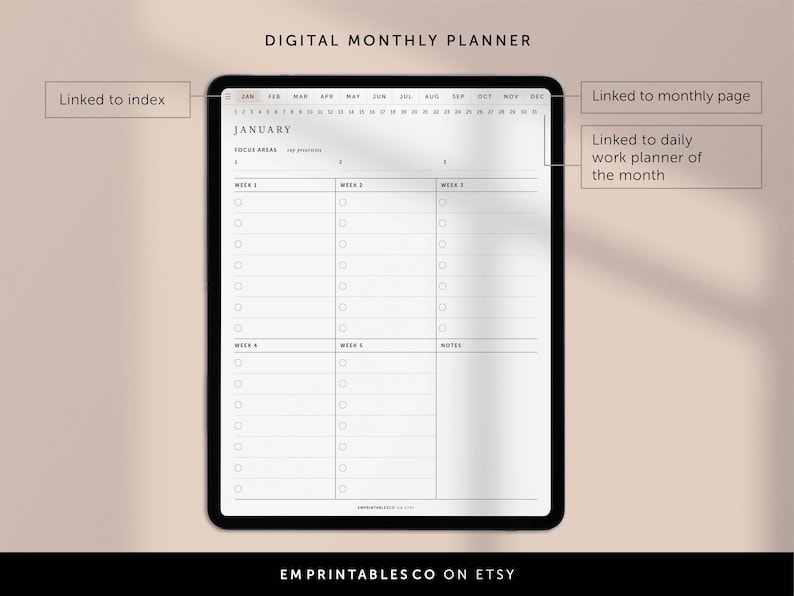 Puede incluir: Un planificador mensual digital con una vista general del calendario y listas de tareas semanales. El planificador est&aacute; dise&ntilde;ado para enero e incluye secciones para &aacute;reas de enfoque, notas y tareas semanales.