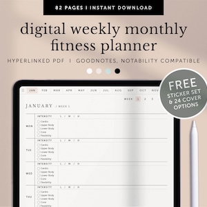 May include: A digital weekly and monthly fitness planner on a tablet screen. The planner is open to January, week 1. The planner includes sections for intensity, cardio, upper body, lower body, core, and flexibility. The planner is compatible with Goodnotes and Notability. Free sticker set and 24 cover options are also included.