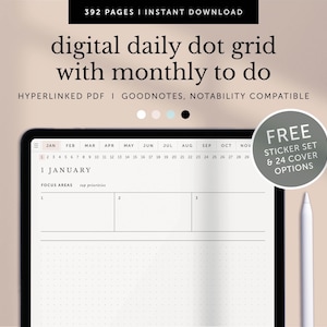 Puede incluir: Un planificador diario digital con una cuadrícula de puntos y una vista de calendario mensual. El planificador está abierto al 1 de enero y tiene una sección para áreas de enfoque. El planificador es compatible con las aplicaciones Goodnotes y Notability. La imagen también incluye un conjunto de pegatinas gratis y 24 opciones de portada.