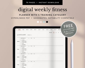 Pode incluir: Um planeador de fitness semanal digital na tela de um tablet. O planeador tem um calendário com os meses de janeiro a novembro, e uma visão semanal com os dias da semana, os níveis de intensidade e as categorias de treino. O planeador é compatível com os aplicativos Goodnotes e Notability. Um conjunto de adesivos grátis e 24 opções de capa estão incluídos.