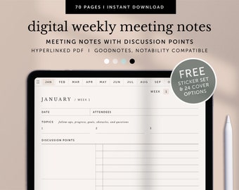 May include: A digital weekly meeting notes template on a tablet screen. The template is for January and includes sections for date, attendees, topics, and discussion points. The template is compatible with Goodnotes and Notability.