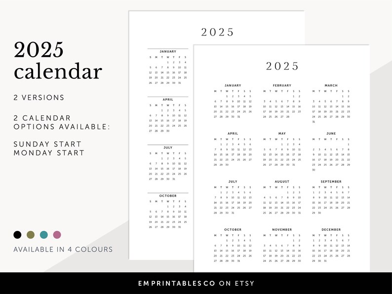 Pode incluir: Calend&aacute;rio imprim&iacute;vel 2025 com duas vers&otilde;es, in&iacute;cio no domingo e na segunda-feira, dispon&iacute;vel em quatro cores. O calend&aacute;rio apresenta um design simples e minimalista com texto preto em fundo branco.
